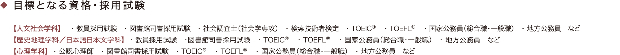 ［目標となる資格・採用試験］教員採用試験、図書館司書採用試験、検索技術者検定、TOEIC(R)、TOEFL(R)、国家公務員（総合職・一般職）、地方公務員、など